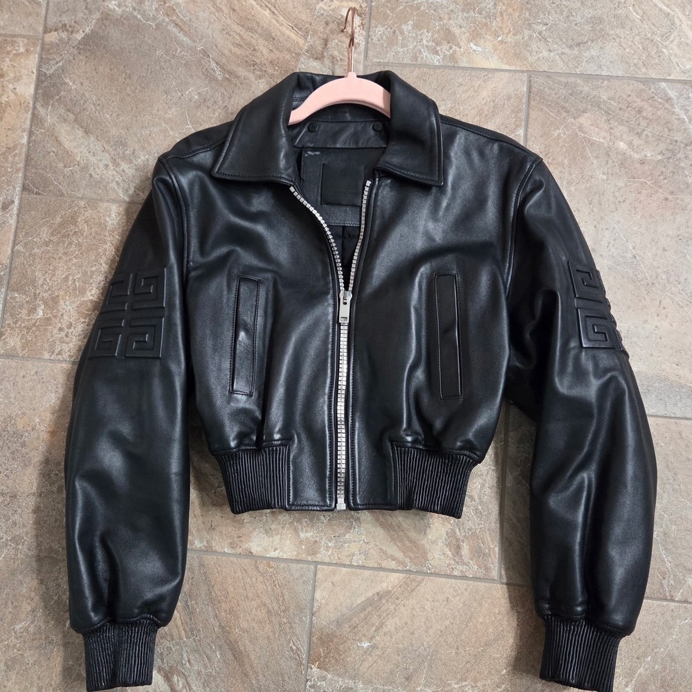 GIVENCHY Black Leather Bomber Jacket Cropped GIVENCHY Logo Embossed Womens‎